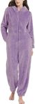 Kissonic Women's Onesies Pajamas Sherpa Fleece One Piece Romper Zipper Cute Hooded Jumpsuit Pajama Loungewear, Purple, Medium