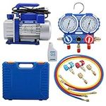 LuckyHigh 3.5 CFM Single Stage Rotary Vane HVAC Air Vacuum Pump, 110V 60Hz 1/4HP R134A Kit with AC Manifold Gauge Set, Hoses, Vacuum Oil Bottle