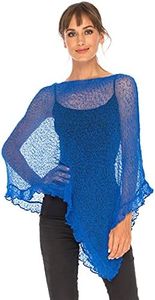 SHU-SHI Womens Sheer Poncho Shrug Lightweight Knit Ruffle Sweater Top Blue