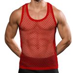 Beotyshow Mens Mesh Fishnet Tank Tops Fitted Sleeveless Night Club Style Muscle Top Summer Workout Beach Shirts, Red, Small