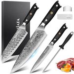 MOSFiATA Damascus Chef Knife Set 3PCS-Professional Sharp 8" Chef's Knives 7” Santoku Knife & 5” Utility Kitchen Knives, VG-10 High Carbon Stainless Steel with Sharpener Rod, Finger Guard Gift Box