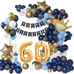 60th Birthday Decoration for Men, Navy Blue Gold White 60th Balloon Birthday Party Decorations, 60th Happy Birthday Banner Decorations, Number 60 Balloons for 60th Men Birthday Party Decorations