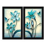 Jitesh Arts Blue Flowers Butterfly Painting For Wall Set Of 2 With Frame With Glass 14inch x 17inch Big Size