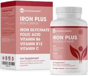 Iron Supplement for Women & Men, Natural Ferrous Chelate, Bisglycinate 25mg + Vitamin C, B6, B12, Folic Acid - Iron Pills for Anemia, Iron Deficiency & Energy Support - 120 Count