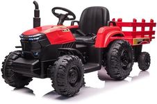 Garvee Kids Ride On Tractor with Trailer, 12V Electric Ride On Car with 35W Dual Motors, 3-Speed Gear Shift, LED Lights, Music & USB, Battery Powered Ride On Toy for Boys & Girls Ages 3+, Red