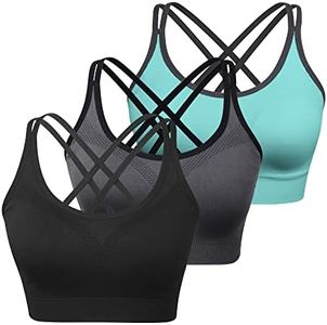 Womens Sports Bras - Cross Back Padded Wirefree Comfort Workout Bras for Yoga Fitness 3 Pack, B 3 Pack(black/Grey/Blue), Small