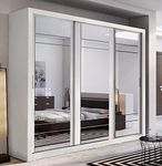 Arthauss Modern Bedroom Mirrored Sliding Door Wardrobe ARTI 2 in White Matt 250cm - Flat Pack Mirrored Wardrobe with Hanging Rails and Spacious Drawers - Ideal for Compact Spaces