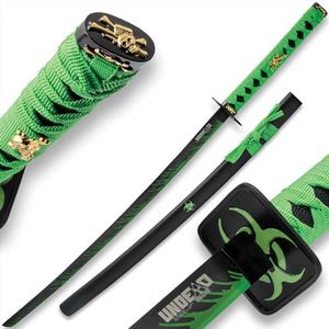 Zombie Hunter Green Katana | 27" Black Carbon Steel Blade | Wooden Handle | Metal Tsuba | Black Wooden Scabbard Included | Fantasy Collectible | Neon Cord Wrap | Overall Length 40 1/2”