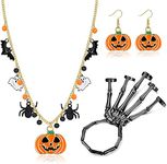 ORAZIO 3 Pcs Halloween Jewelry Set for Women Teens Halloween Ghost Skull Pumpkin Pendant Necklace Cute Pumpkin Drop Earrings Halloween Bracelets Stretch Skeleton Hands for Women Men