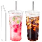 Glass Tumbler with Straw and Lid, 20 OZ Clear Iced Coffee Glasses Cups for Ice Water, Juice, Tea, Milk, Smoothie and Cold or Hot Drinks, Set of 2