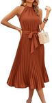 KIRUNDO Women's 2025 Summer Sleeveless Halter Neck Pleated Midi Cocktail Dresses A Line Flowy Beach Sun Dress with Belt(Rust, Medium)