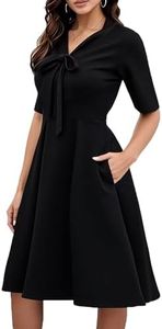 oxiuly Women's Vintage Bow Tie V-Neck Pockets Casual Work Party Cocktail Swing A-line Dresses OX278 (S, Black Solid 5)