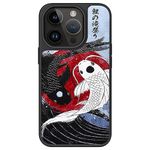 AUKIYUI Designed for iPhone 14 Pro Case, Japanese Design Phone Case Shockproof Hard Back with Non-Slip Soft Bumper Cover, Aesthetic Koi Fish Print Cool Embossed Pattern, Black 6.1"