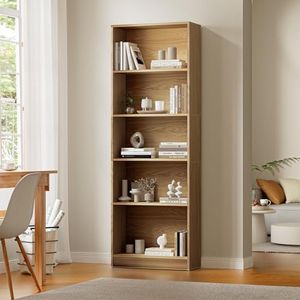 Oikiture Book Shelf with 5 Tier Display Rack Natural Wood Bookshelf Bookcase