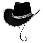 Toyland® 38 cm (15") Black Cowboy Hat with Silver Sequin Trim - Festivals, Concerts, Fancy Dress & Hen Party Accessories - 3 Colours Available