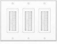 TNP Brush Wall Plate - Triple Gang Cable Entry Access Brush Bristles Style Strap Opening Port Insert Socket Wiring Plug Jack Decorative Face Cover Outlet Mount Panel (3 Gang, 1 Pack) - White