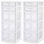 Sterilite 28958002 5 Drawer Tower, White Frame with Clear Drawers, 2-Pack