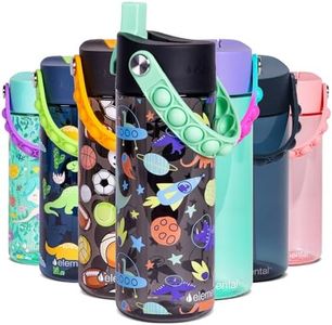 Elemental Kids Water Bottle – Leak Proof School Bottle with Straw & Pop-It Handle – Reusable Plastic Water Bottle – BPA Free, Dishwasher Safe Drink Bottle for Boys & Girls – Space Dino – 532ml