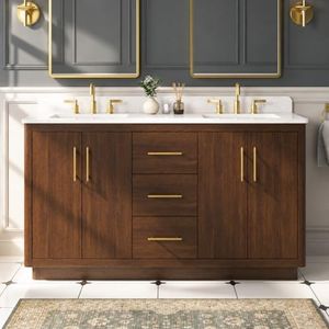 DELUXE LIVING 60 Inch Bathroom Vanity with Double Sink, Solid Wood Frame with Engineered Marble Countertop, Fully-Assembled Vanity with Soft-Close Drawers, Adjustable Feets, Warm Elm