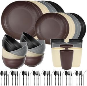 Quatish 64 Piece Plastic Plates and Bowls Sets for 8, Dinnerware Sets Brown