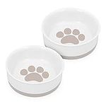 Navaris Porcelain Cat Bowls (Set of 2) - 15cm Food and Water Bowl Dishes for Pet Cats and More - With Non-Slip Silicone Bottom - Pink Paw Print Design