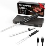 WORKPRO Cordless Electric Knife Set, 8V Electric Bread Knife with 2 Stainless Steel Blades & Fork, Electric Carving Knife for Ham, Steak & Bread, Storage Case Included, Black