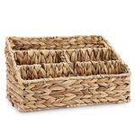 BSTKEY Water Hyacinth Desk Organizer, Hand Woven Magazine Mail Sorter with 4 Compartments, Wicker Desktop Stationery Holder Storage Basket for Home Office