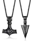 MILACOLATO 2Pcs Necklace Men's Viking Stainless Steel Thor Hammer Triangle Pendant for Men with 61cm Basket Chain Black Necklaces Viking Jewelry for Men Boy