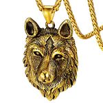 FaithHeart Wolf Head Necklace for Men Women Steampunk Fenrir Jewellery Stainless Steel Wolf Pendant with Gold Chain 22"+2" inch (Nice Gift Packaged)