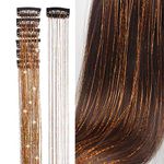 D-DIVINE 2pcs Clip in Hair Tinsel Extensions Highlights for Hair 24 Inch Fairy Hair Synthetic Hair Extensions for Party, Christmas, New Year, Halloween, Cosplay (Brown/2pcs)