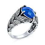 Personalize Unisex Men's Vintage Style Large Statement Oval Simulated Blue Sapphire CZ Cubic Zirconia Tapered Vine Leaf Set Ring Western Jewelry For Men Oxidized .925 Silver Handmade In Turkey