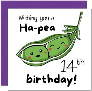 14th Birthday Card for Men Women Cute Pea Funny Birthday Card for 14 Year old teenage Girl Daughter Granddaughter Kids fourteen, fourteenth Sister cousin Niece