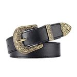 JK Home Retro Floral Carved Metal Buckle Cowgirl Belt, 28mm Wide PU Leather Western Vintage Hollow Out Flower Buckle Cowboy Belt Adjustable Unisex Waistband for Jeans Pants Dresses Gold Black