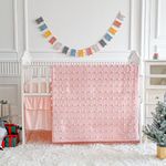 Pink Crib Bedding Set Tufted Dots Jacquard Baby Girls Comforter with Fitted Sheet and Bed Skirt - Cute Embroidery Boho Shabby Chic Soft Blanket Pom Pom Tufts 3pc Crib Bed Set