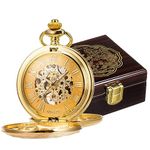 ManChDa Mechanical Roman Numerals Dial Skeleton Pocket Watches with Box and Chains for Mens Women, 1-c.Gold Dial+Black Wooden Case, 2b. Gold + Black Wooden Box