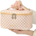 Meiyuuo Travel Makeup Bag Checkered Multi Color Portable Small Cosmetic Bags for Women Zipper Pouch Toiletry Bag Make up Organizer Waterproof Cute (Chess Plaid Khaki Beige)