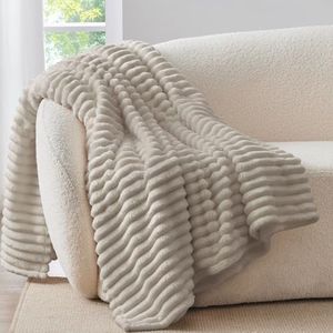 BEDELITE Fluffy Fleece Throw Blanket, Striped Decorative Soft Warm Gift for Sofa Bed Couch, Throw Size, Linen Beige