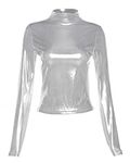 Women's Long Sleeve Shiny Tops, Metallic Liquid Mock Neck Turtleneck Tops, Slim Fit Casual Pullovers Tunic for Clubwear, Solid Leather Look Tee Top Blouse, Sexy Party Tank Tops Dance Club T-Shirt