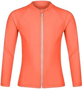 Girls Long Sleeve Rash Guard Swimwear, Zip Swim Shirt, Sun UPF 50+ (10, Orange Rash Guard)