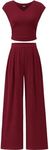 BTFBM Women's 2 Piece Outfits 2025 Summer V Neck Cap Sleeve Ruched Top and Wide Leg Pants Rib Knit Lounge Matching Sets(Wine Red, Medium)