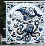 Ambesonne Marine Shower Curtain, Ships Whale and Octopus with Swirling Ornaments Nautical Themed Design, Cloth Fabric Bathroom Decor Set with Hooks, 69" W x 75" L, Navy Blue and White