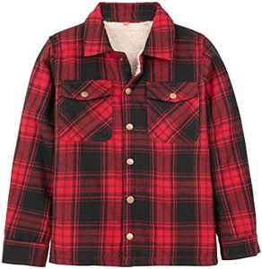 ZENTHACE Kids Boys Sherpa Lined Flannel Jacket Snap Button Fleece Flannel Shirt Jackets Plaid Flannel Shacket Red L Size 10-12