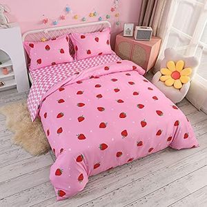 Feelyou Cute Strawberry Bedding Set Kawaii Japanese Anime Duvet Cover with 2 Pillowcases, Queen 100% Microfiber Reversible Comforter Cover for Girls Kids Toddler Soft Comfy Pink (Queen, 3Pcs)