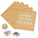 6 Pack Square Cork Bulletin Board, 12" x12" Self-Adhesive Cork Board Tiles, DIY Message Board Set with 50 Picture Pins, 1/2" Thick Bulletin Board for DIY Decoration in Office, Home, Bedroom, School