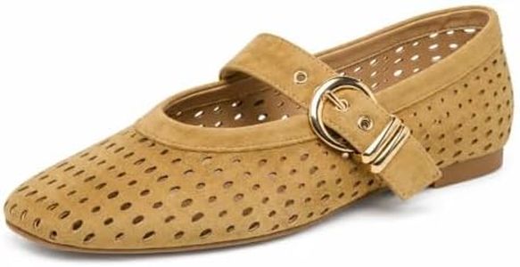 GORZADEUL Women's Tan Suede Square Toe Mesh Mary Jane Ballet Flats