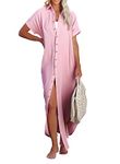 Dokotoo Women's Casual Long Kimonos Cardigans Short Sleeve Side Split Button Down Loose Fit Solid Summer Holiday Beach Swimsuit Cover Ups for Women Pink X-Large