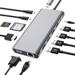 USB C HUB 12 in 1 mit Kabellosem Laden, Docking Station Adapter mit 4K-HDMI, VGA, RJ45 Ethernet, USB3.0, USB C 3.0&2.0, PD 100W, SD/TF & 3.5mm AUX, Kompatibel mit MacBook Pro & Andere Laptops