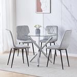 Pantanal Round Glass Dining Table and Grey Velvet Chairs Set of 4 for Small Space, 5 Pieces Modern Kitchen Table with Velvet Upholstered Chairs for Home Office Restaurant Reception (Grey)