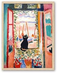 UPWOIGH Beige Natural Oak Wood Framed Wall Art, Matisse The Open Window Cat Print, Cat Poster, Cute Black Cat Picture, Henri Matisse Poster, Funny Cat Art for Bedroom Bathroom, 1Pack Gift 12x16in