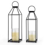 Lanterns Decorative Outdoor 2PCS Living Room Decor Lantern Black Metal Lantern Front Porch Decor Lanterns Decor Indoor with LED Candle Lanterns Decor No Glass for Indoor Outdoor (Small&Large, 2Pcs)